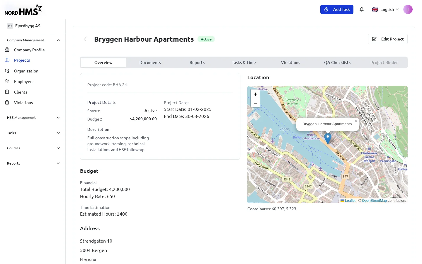 Project overview: details, budget and a live map, with tabs for documents, hours, incidents and QA.