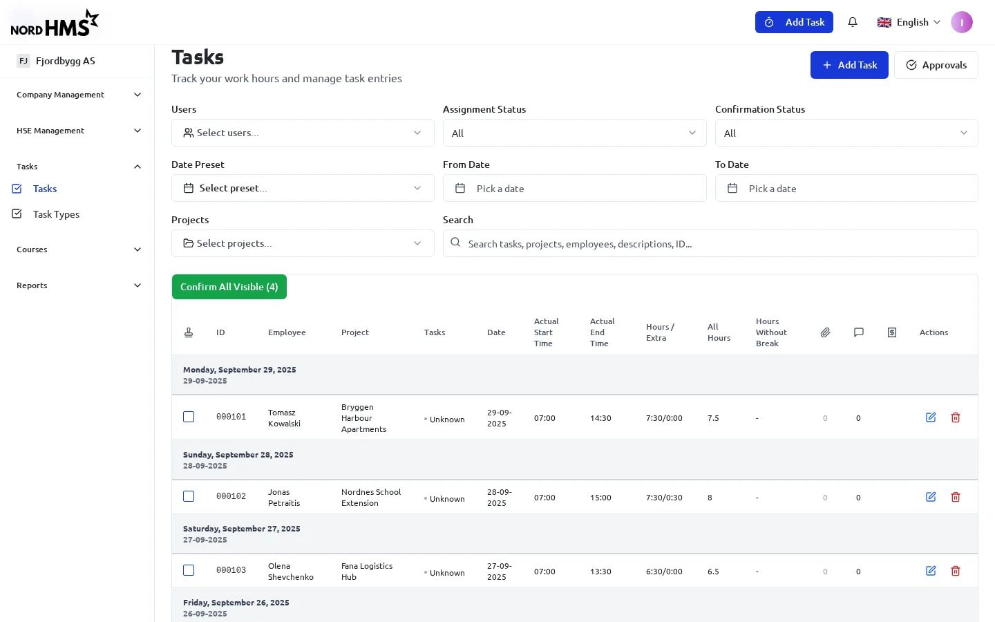 Time tracking: hours per worker and project, with one-click approvals.