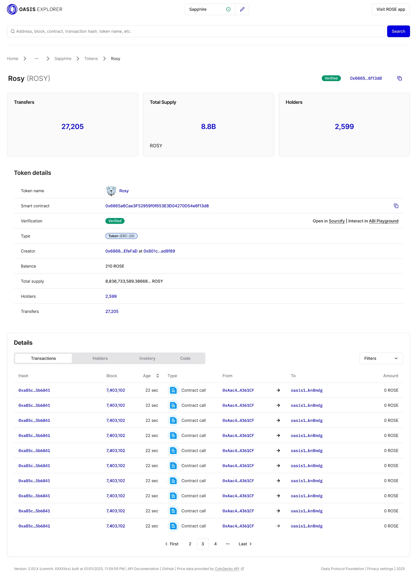 Token details: progressive disclosure, Sourcify verification and contract source.